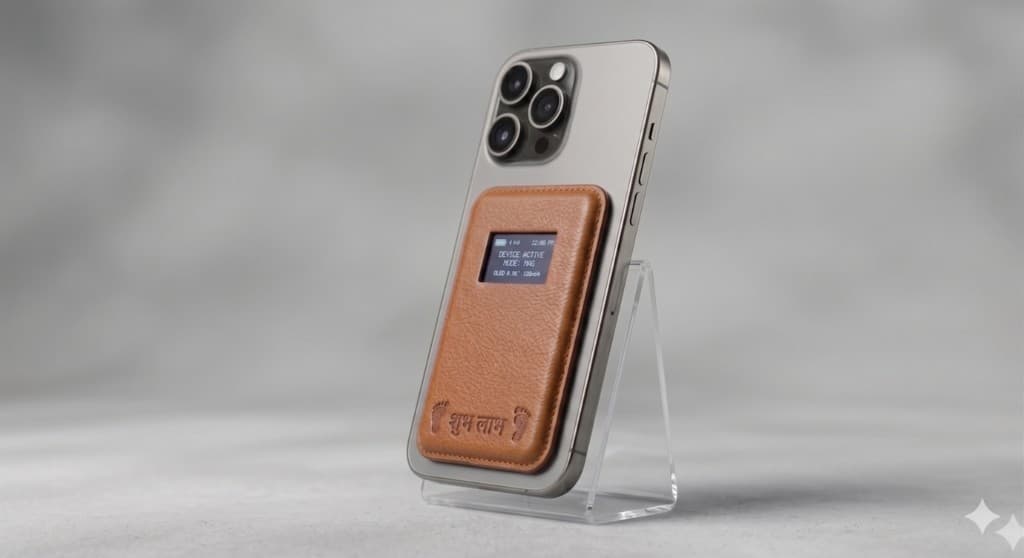 Shubh Labh snapping onto back of iPhone with MagSafe